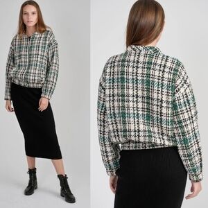 New Zara Plaid Textured Tweed Oversized Bomber Green Chanel Style Jacket NWT XS